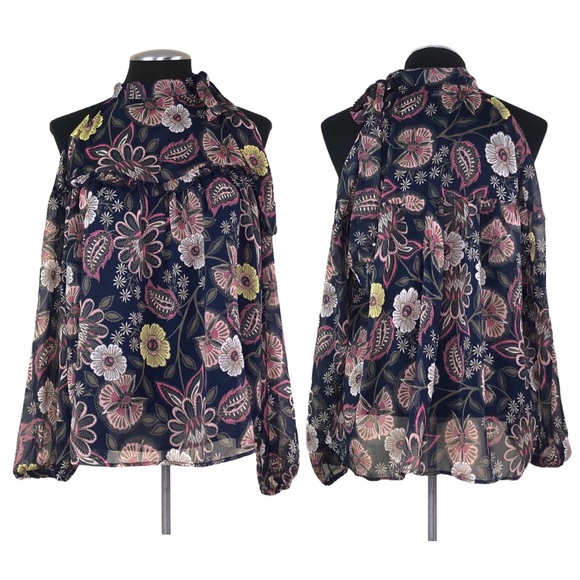 Libby Edelman - Sheer Tie Neck Floral Cold Shoulder Top - Picture 1 of 11